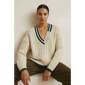 Zara Women’s Cable Knit Sweater Size L Ecru Green Striped Preppy Tennis